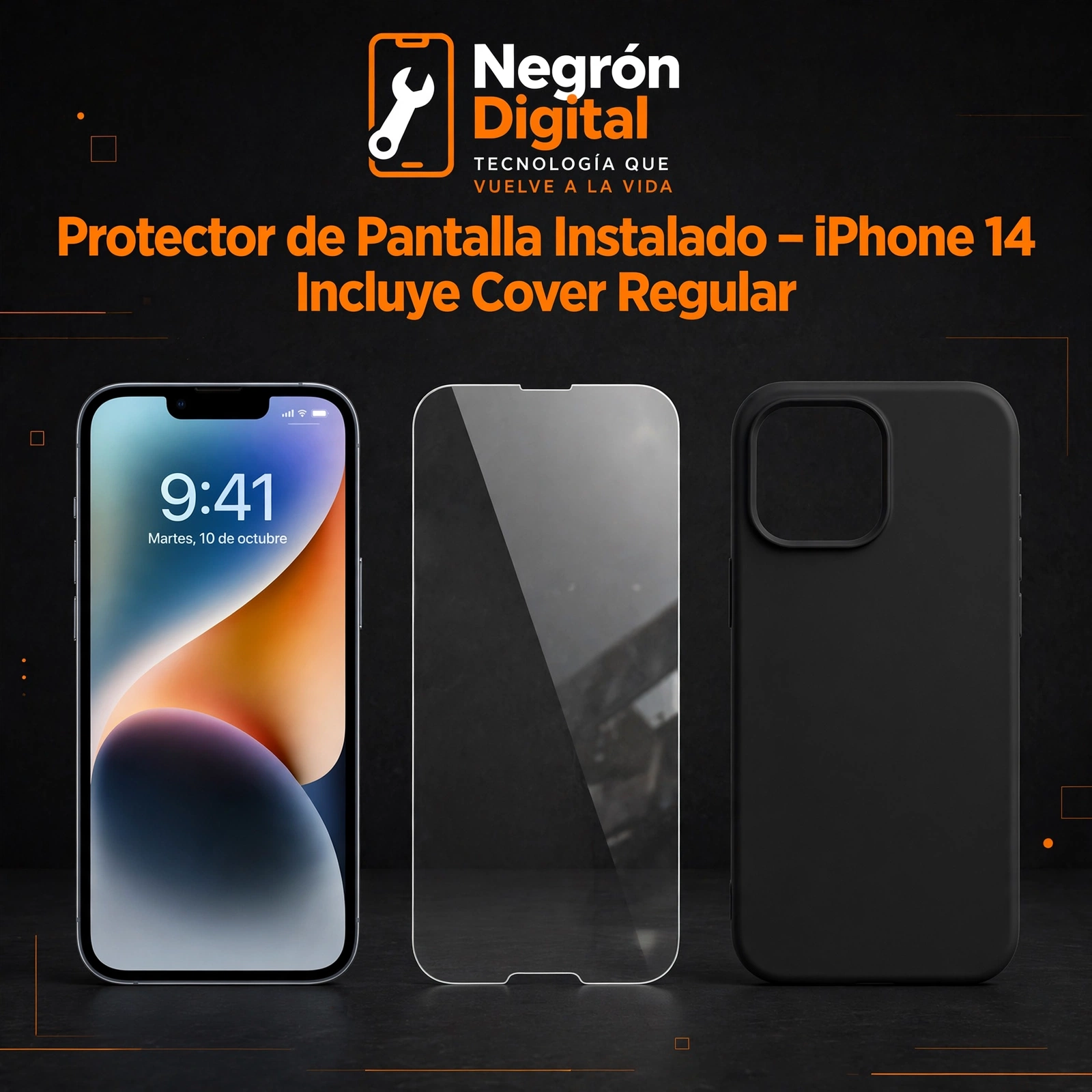 Protector de Pantalla Instalado - iPhone 14 / Incluye Cover Regular