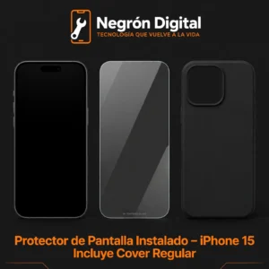 Protector de Pantalla Instalado - iPhone 15 / Incluye Cover Regular