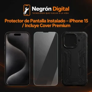 Protector de Pantalla Instalado – iPhone 15 / Incluye Cover Premium