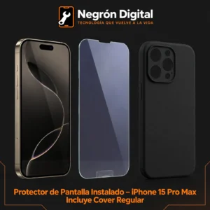 Protector de Pantalla Instalado - iPhone 15 Pro Max / Incluye Cover Regular